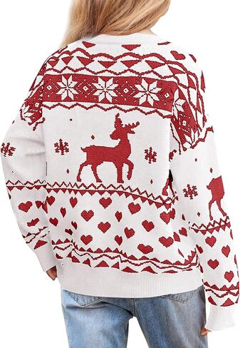 Girls Christmas Pullover Sweaters Reindeer Elk Snow Long Sleeve Crew Neck Chunky Tops in Saudi Arabia