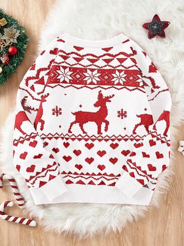 Girls Christmas Pullover Sweaters Reindeer Elk Snow Long Sleeve Crew Neck Chunky Tops in Saudi Arabia