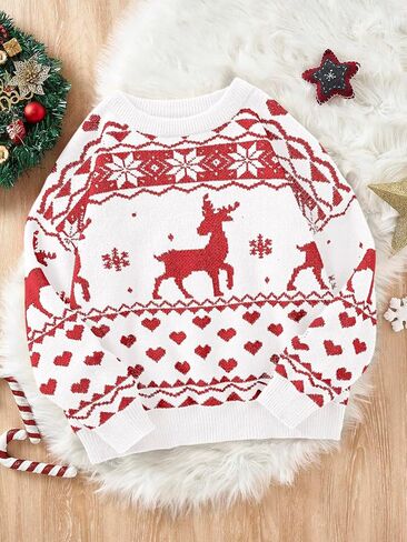 Girls Christmas Pullover Sweaters Reindeer Elk Snow Long Sleeve Crew Neck Chunky Tops in Saudi Arabia