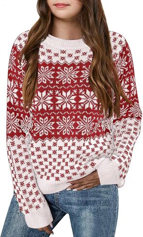 Girls Christmas Pullover Sweaters Reindeer Elk Snow Long Sleeve Crew Neck Chunky Tops in Saudi Arabia