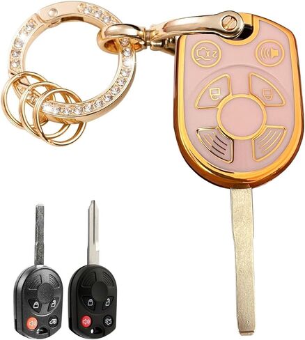 مفتاح أنظمة الدخول بدون مفتاح لغطاء غطاء Ford Key Fob مع سلسلة مفاتيح مناسبة لمفتاح Ford Transit Mustang Fusion Lincoln Mercury الذكي (4 أزرار ذهبي وردي) in Kuwait