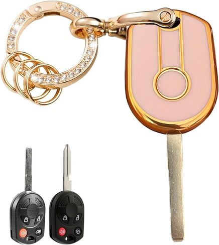مفتاح أنظمة الدخول بدون مفتاح لغطاء غطاء Ford Key Fob مع سلسلة مفاتيح مناسبة لمفتاح Ford Transit Mustang Fusion Lincoln Mercury الذكي (4 أزرار ذهبي وردي) in Kuwait