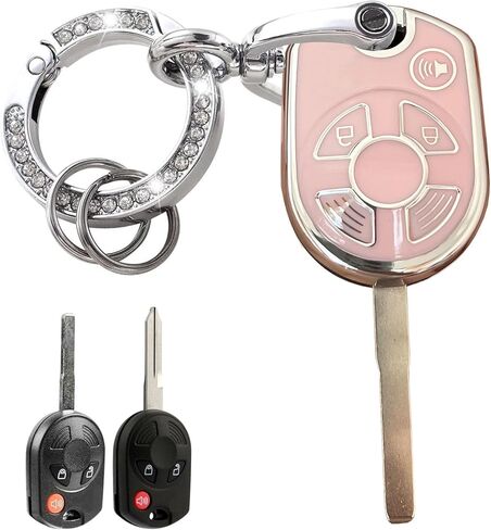 مفتاح أنظمة الدخول بدون مفتاح لغطاء غطاء Ford Key Fob مع سلسلة مفاتيح مناسبة لمفتاح Ford Transit Mustang Fusion Lincoln Mercury الذكي (4 أزرار ذهبي وردي) in Kuwait