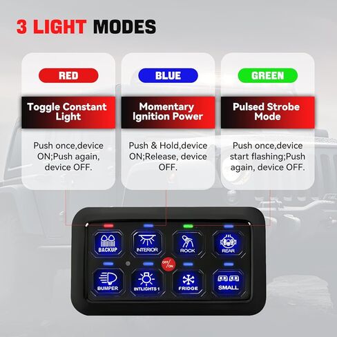 8 لوحة مفاتيح مع RGB تبديل وظيفة الذاكرة النبضية اللحظية، قابلة للتعتيم التلقائي عند إيقاف تشغيل LED، صندوق لمس، نظام مرحل للتحكم في الدائرة العالمية 12/24 فولت مقاوم للماء لشاحنة السيارة ATV UTV SUV in Kuwait