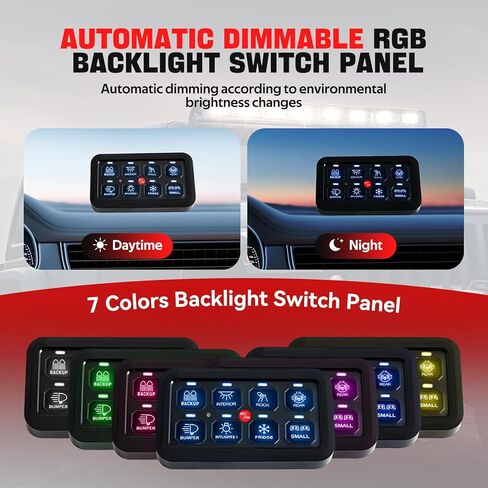 8 لوحة مفاتيح مع RGB تبديل وظيفة الذاكرة النبضية اللحظية، قابلة للتعتيم التلقائي عند إيقاف تشغيل LED، صندوق لمس، نظام مرحل للتحكم في الدائرة العالمية 12/24 فولت مقاوم للماء لشاحنة السيارة ATV UTV SUV in Kuwait