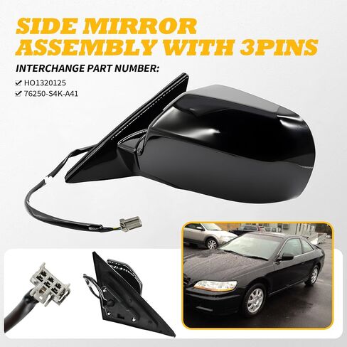 Left Driver Side Mirror Assembly Compatible with Accord 4-Door 1998-2002 Side View Mirror Manual Folding and Power HO1320125 76250-S84-A31 Black (3Pins) in Saudi Arabia