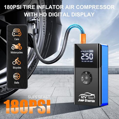Portable Car Jump Starter with Air Compressor, 4000A 180PSI Car Battery Jump Starter Battery Pack (10L Gas/8L Diesel), 12V Car Jump Box Car Battery Jumper Starter, Large LCD Display,2 Lights (Orange) in Saudi Arabia
