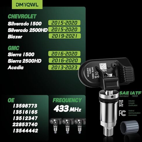 TPMS مبرمج مسبقًا متوافق مع إطار Chevy&GMC-Silverado 1500 (2015-2020/433Mhz)، Blazer(2019-2021/433Mhz)، Sierra 1500(2016-2020/433Mhz)، Acadia(2016-2023/433Mhz) المستشعر، OE#13598773 (4 قطع) in Kuwait