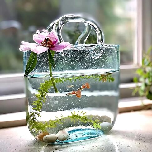 Glass Purse Vase, Glass Vase with Handle, Handmade Clear Bubble Vase Multifunctional Clear Glass Vase Fish Tank Suitable for Fireplace Bedroom Kitchen Valentine's Day Gift in Saudi Arabia