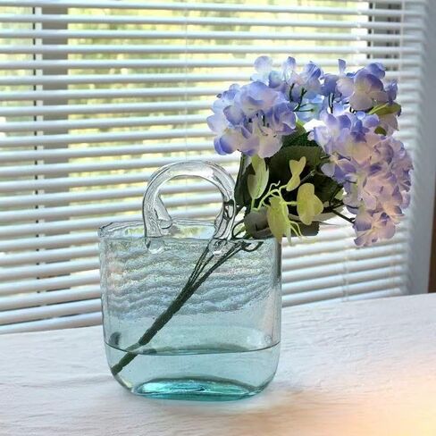 Glass Purse Vase, Glass Vase with Handle, Handmade Clear Bubble Vase Multifunctional Clear Glass Vase Fish Tank Suitable for Fireplace Bedroom Kitchen Valentine's Day Gift in Saudi Arabia