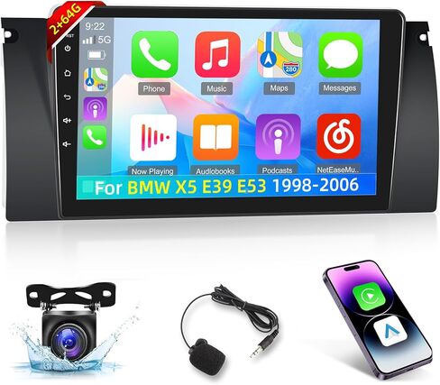EKAT [2+64G] ستيريو سيارة Android لسيارة BMW X5 E39 E53 1998 1999-2006 - Carplay اللاسلكي وAndroid Auto - راديو بشاشة تعمل باللمس 9 بوصة مع EQ DSP، GPS، WiFi، SWC + AHD كاميرا احتياطية، ميكروفون in Saudi Arabia