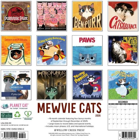 Willow Creek Press، تقويم حائط Mewvie Cats 2026، 12 بوصة × 12 بوصة، تقويم 16 شهرًا مع غلاف مثبت in Saudi Arabia