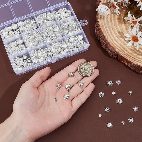 PH PandaHall 1440pcs 12 أنماط حبة قبعات، السائبة الفضة زهرة فاصل الخرز قبعات معدنية تخريمية زهرة فاصل الخرز سبيكة مجوهرات حبة نهاية كاب لسوار قلادة أقراط مجوهرات صنع اللوازم in Saudi Arabia