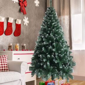 6FT Snow Flocked Pencil Christmas Tree, Slim Artificial Holiday Decoration with Metal Stand, Realistic Snowy Xmas Tree with 329 Tips Branches for Indoor and Outdoor Use, Green & White in Saudi Arabia