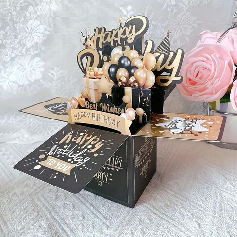 Festive 3D Pop-up Birthday Card Set: Black and Golden Design, Perfect for Him or Her - Includes 2 Cards and 1 Envelope in Saudi Arabia