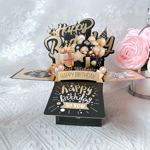 Festive 3D Pop-up Birthday Card Set: Black and Golden Design, Perfect for Him or Her - Includes 2 Cards and 1 Envelope in Saudi Arabia