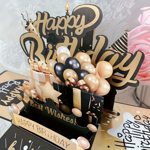 Festive 3D Pop-up Birthday Card Set: Black and Golden Design, Perfect for Him or Her - Includes 2 Cards and 1 Envelope in Saudi Arabia