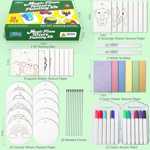 Tibibee Magic Puffy Paint, 58pcs Magic Foam Texture Painting Kit, Include 32pcs Foam Texture Paper, 12 Acrylic Markers, Magical 3D Effect Texture DIY Painting Kit for Kids Ages 3–8 in Saudi Arabia