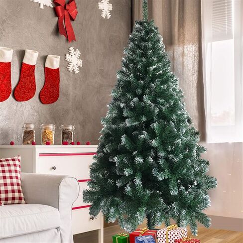 6FT Snow Flocked Pencil Christmas Tree, Slim Artificial Holiday Decoration with Metal Stand, Realistic Snowy Xmas Tree with 329 Tips Branches for Indoor and Outdoor Use, Green & White in Saudi Arabia
