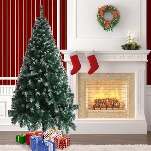 6FT Snow Flocked Pencil Christmas Tree, Slim Artificial Holiday Decoration with Metal Stand, Realistic Snowy Xmas Tree with 329 Tips Branches for Indoor and Outdoor Use, Green & White in Saudi Arabia