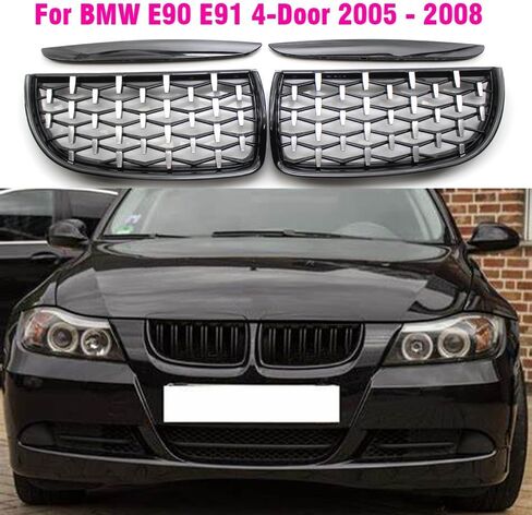 شبكة الكلى الأمامية المصنوعة من الكروم بالكامل لسيارة BMW E90 E91 3 Series 2005 2006 2007 2008 شبكات السباق باللون الأسود اللامع (أسود) in Saudi Arabia