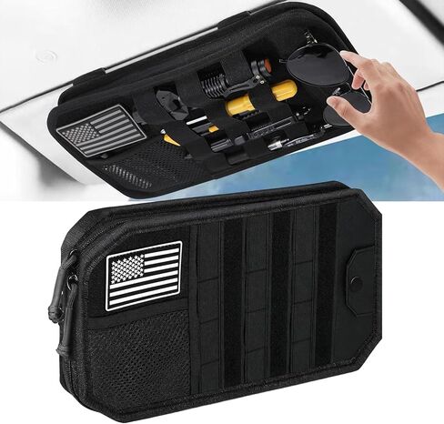 Car Sun Visor Organizer with Multi Pockets, Double Zipper Storage Pouch for Vehicles/SUVs/Trucks, Elastic Bands, Glasses Clip & Card Pocket, Keeps Driving Essentials Neat and Easily Accessible in Saudi Arabia