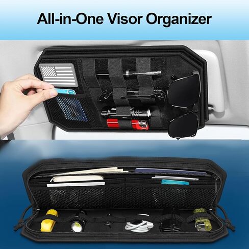 Car Sun Visor Organizer with Multi Pockets, Double Zipper Storage Pouch for Vehicles/SUVs/Trucks, Elastic Bands, Glasses Clip & Card Pocket, Keeps Driving Essentials Neat and Easily Accessible in Saudi Arabia