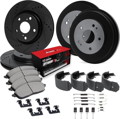 R1 Concepts Front and Rear Brakes and Rotors| Hardware, Drum Set, Shoes Included| Front and Rear OEp Pads Brake Pads and Rotors Kit| Fits 2013-2019 Nissan Sentra in Saudi Arabia