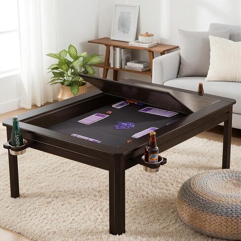 Solid Wood Board Game Coffee Table with Removable Top, 3-in-1 Gaming and Dining Table Includes Play Mat & Detachable Cup Holders, 48" L x 33" W (Black Walnut) in Saudi Arabia