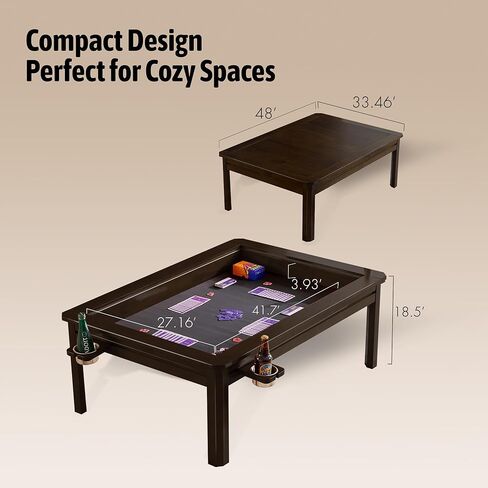 Solid Wood Board Game Coffee Table with Removable Top, 3-in-1 Gaming and Dining Table Includes Play Mat & Detachable Cup Holders, 48" L x 33" W (Black Walnut) in Saudi Arabia