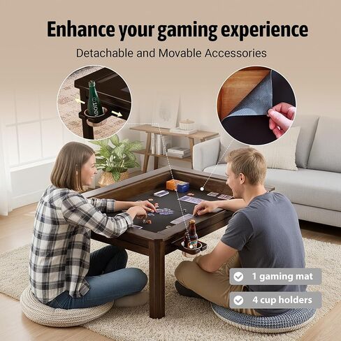 Solid Wood Board Game Coffee Table with Removable Top, 3-in-1 Gaming and Dining Table Includes Play Mat & Detachable Cup Holders, 48" L x 33" W (Black Walnut) in Saudi Arabia