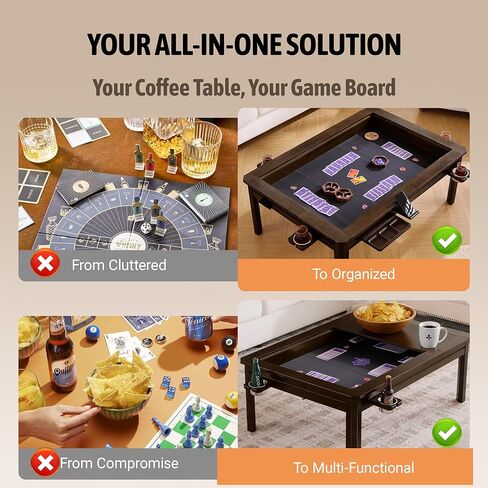 Solid Wood Board Game Coffee Table with Removable Top, 3-in-1 Gaming and Dining Table Includes Play Mat & Detachable Cup Holders, 48" L x 33" W (Black Walnut) in Saudi Arabia