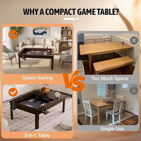 Solid Wood Board Game Coffee Table with Removable Top, 3-in-1 Gaming and Dining Table Includes Play Mat & Detachable Cup Holders, 48" L x 33" W (Black Walnut) in Saudi Arabia