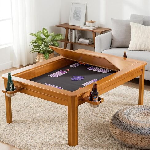 Solid Wood Board Game Coffee Table with Removable Top, 3-in-1 Gaming and Dining Table Includes Play Mat & Detachable Cup Holders, 48" L x 33" W (Black Walnut) in Saudi Arabia