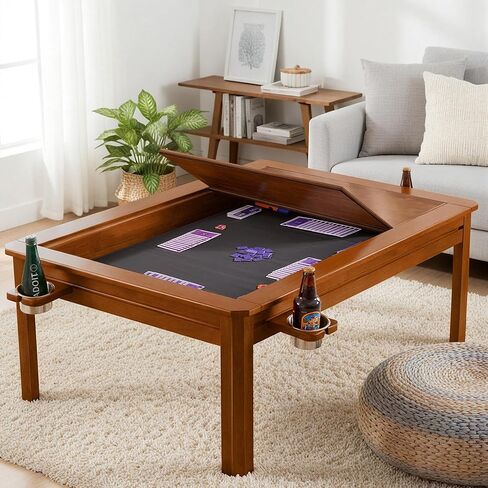 Solid Wood Board Game Coffee Table with Removable Top, 3-in-1 Gaming and Dining Table Includes Play Mat & Detachable Cup Holders, 48" L x 33" W (Black Walnut) in Saudi Arabia