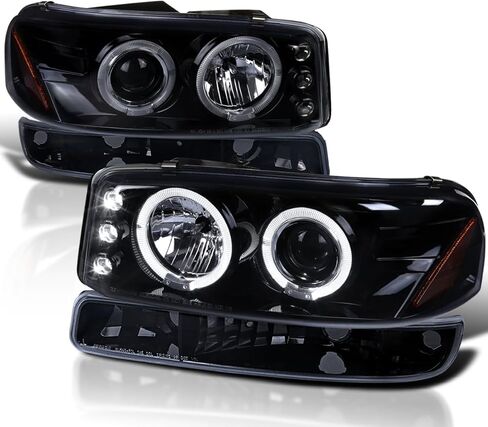 SPEC-D ضبط المصابيح الأمامية لجهاز العرض هالو LED بدخان أسود + مصابيح ممتصة للصدمات متوافقة مع 1999-2006 GMC Sierra 1500/2500/3500، مجموعة المصابيح الأمامية اليسرى + اليمنى in Saudi Arabia