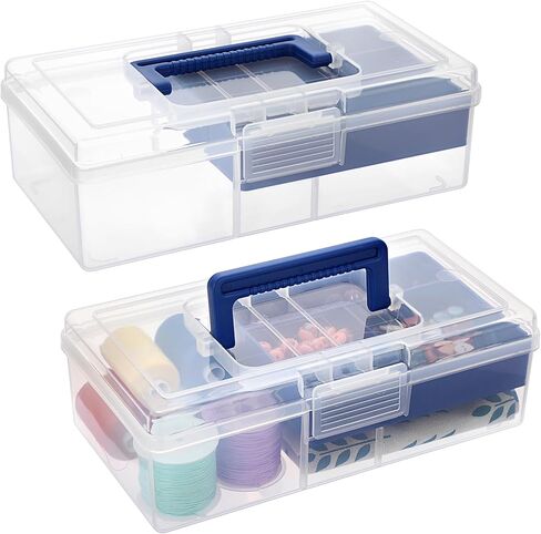 BTSKY 2 PCS Clear Plastic Storage Box with Removable Tray Multipurpose Stationery Storage Box with Handle Handy Sewing Box Art Craft Supply Organizer Home Utility Box (Blue) in Saudi Arabia
