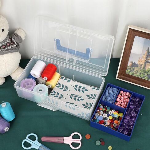 BTSKY 2 PCS Clear Plastic Storage Box with Removable Tray Multipurpose Stationery Storage Box with Handle Handy Sewing Box Art Craft Supply Organizer Home Utility Box (Blue) in Saudi Arabia