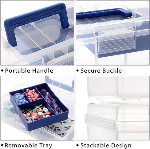 BTSKY 2 PCS Clear Plastic Storage Box with Removable Tray Multipurpose Stationery Storage Box with Handle Handy Sewing Box Art Craft Supply Organizer Home Utility Box (Blue) in Saudi Arabia