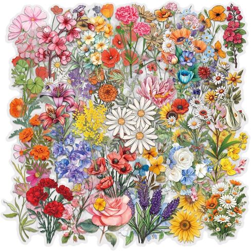 50 PCS Flower Stickers Pack, Transparent Flower Stickers Waterproof Floral PET Decals for Water Bottles Laptop Scrapbooking Journaling Guitar Suitcase Phone Gifts for Kids Teens in Saudi Arabia
