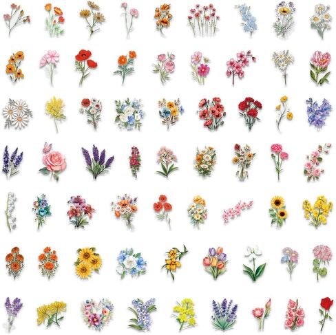 50 PCS Flower Stickers Pack, Transparent Flower Stickers Waterproof Floral PET Decals for Water Bottles Laptop Scrapbooking Journaling Guitar Suitcase Phone Gifts for Kids Teens in Saudi Arabia