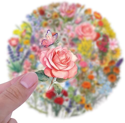 50 PCS Flower Stickers Pack, Transparent Flower Stickers Waterproof Floral PET Decals for Water Bottles Laptop Scrapbooking Journaling Guitar Suitcase Phone Gifts for Kids Teens in Saudi Arabia