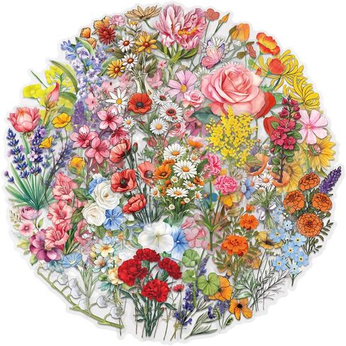50 PCS Flower Stickers Pack, Transparent Flower Stickers Waterproof Floral PET Decals for Water Bottles Laptop Scrapbooking Journaling Guitar Suitcase Phone Gifts for Kids Teens in Saudi Arabia