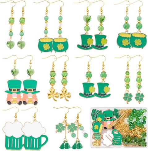 صندوق واحد من SUNNYCLOE DIY 10 أزواج أقراط متدلية على شكل زهرة البرسيم الأخضر موضوع سانت باتريك أقراط عيد أربع أوراق نبات نبات النفل الزهر الخرز كريستال لصنع المجوهرات in Kuwait