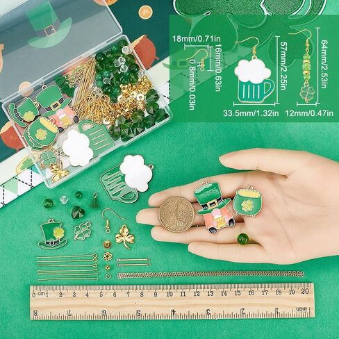 صندوق واحد من SUNNYCLOE DIY 10 أزواج أقراط متدلية على شكل زهرة البرسيم الأخضر موضوع سانت باتريك أقراط عيد أربع أوراق نبات نبات النفل الزهر الخرز كريستال لصنع المجوهرات in Kuwait