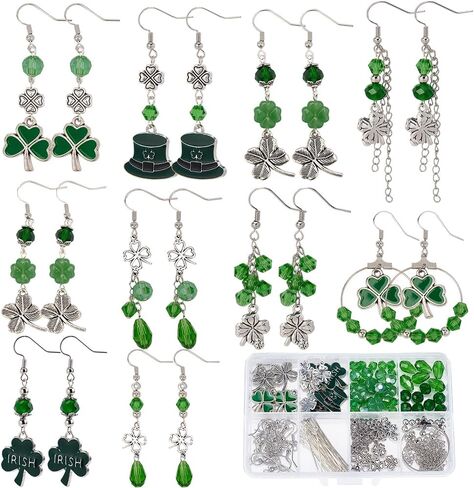 صندوق واحد من SUNNYCLOE DIY 10 أزواج أقراط متدلية على شكل زهرة البرسيم الأخضر موضوع سانت باتريك أقراط عيد أربع أوراق نبات نبات النفل الزهر الخرز كريستال لصنع المجوهرات in Kuwait