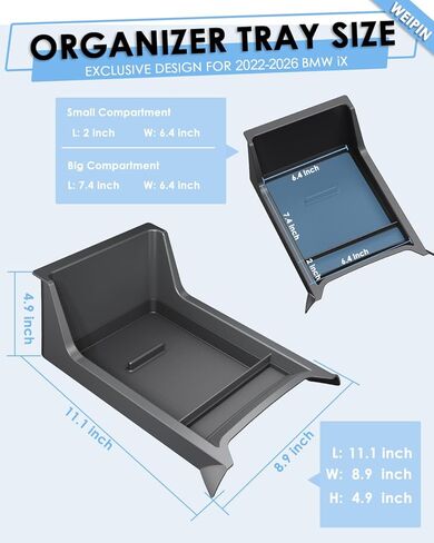For BMW iX Lower Console Tray - Compatible with 2022-2026 BMW iX Center Console Organizer[Car Food Tray] [2-Compartment][2026 Patented Design] with Anti-Slip Thick Liquid Silicone Mat - Black in Saudi Arabia