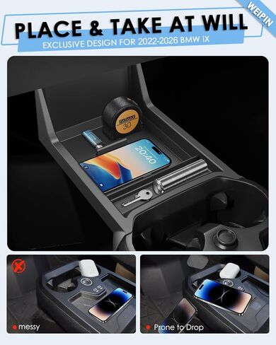 For BMW iX Lower Console Tray - Compatible with 2022-2026 BMW iX Center Console Organizer[Car Food Tray] [2-Compartment][2026 Patented Design] with Anti-Slip Thick Liquid Silicone Mat - Black in Saudi Arabia