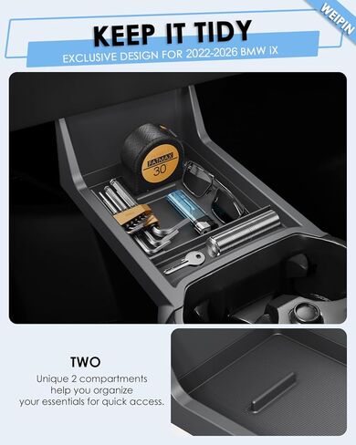 For BMW iX Lower Console Tray - Compatible with 2022-2026 BMW iX Center Console Organizer[Car Food Tray] [2-Compartment][2026 Patented Design] with Anti-Slip Thick Liquid Silicone Mat - Black in Saudi Arabia