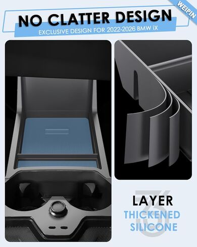 For BMW iX Lower Console Tray - Compatible with 2022-2026 BMW iX Center Console Organizer[Car Food Tray] [2-Compartment][2026 Patented Design] with Anti-Slip Thick Liquid Silicone Mat - Black in Saudi Arabia
